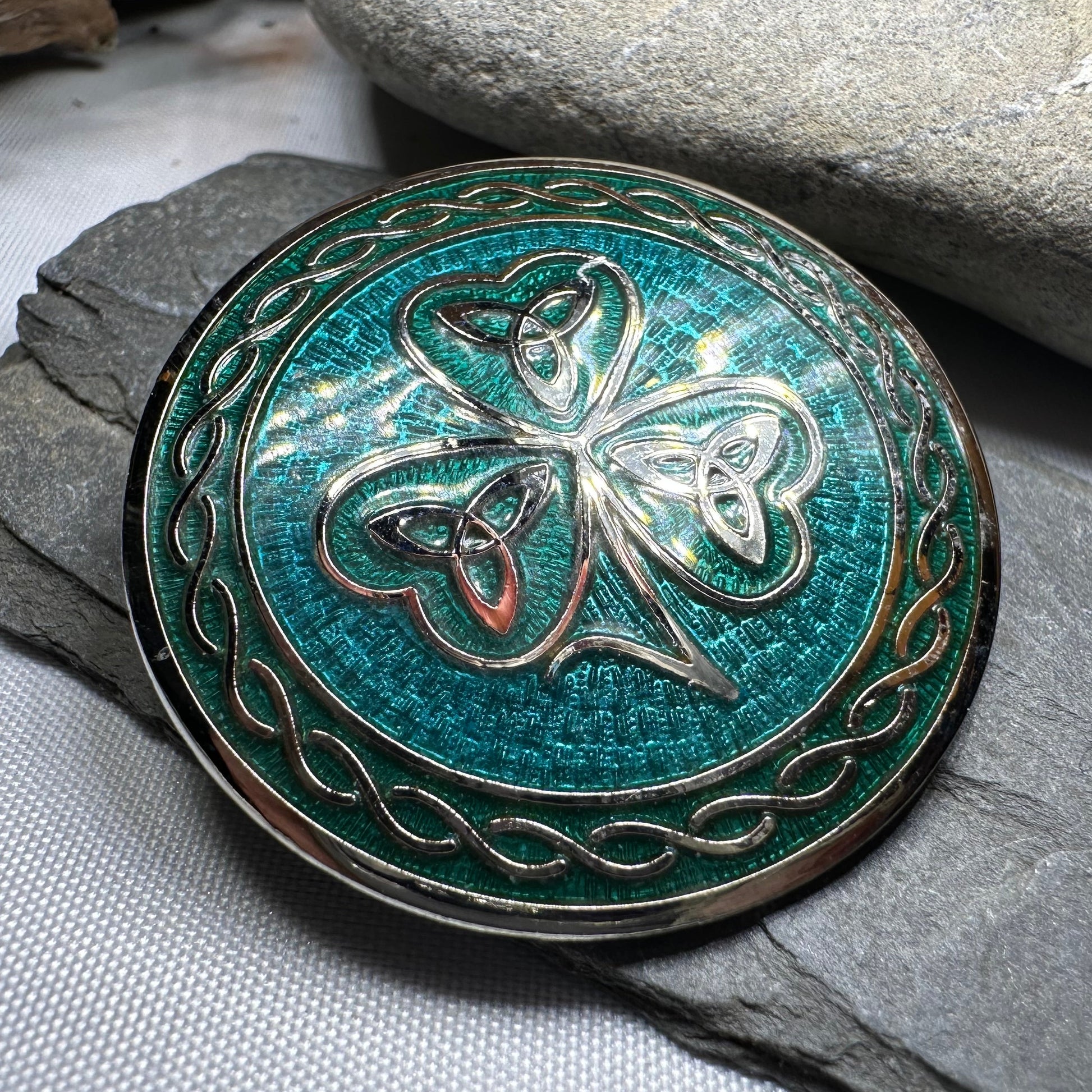 Enamel Celtic Shamrock Brooch with Trinity Knots — view 6