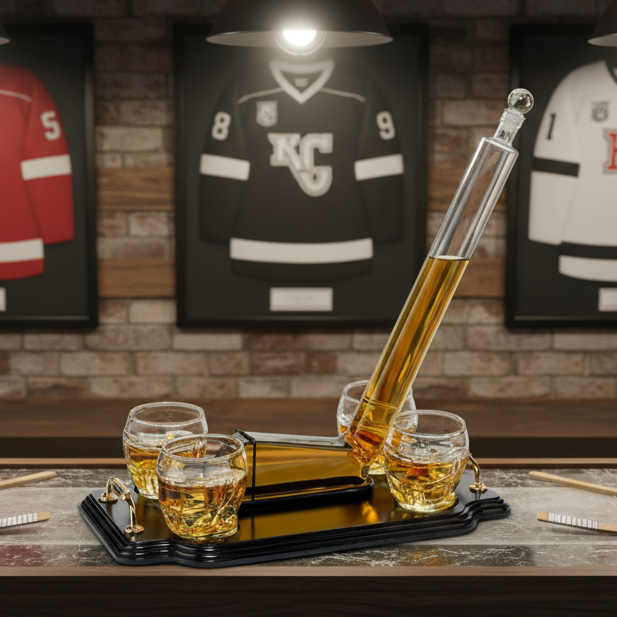 Ice Hockey Whiskey Decanter Premium Barware Gift with Four Glasses