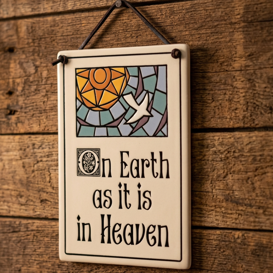 A hanging wall sign with a stained-glass-style sun and dove graphic above the phrase “On Earth as it is in Heaven.” The sign is shown on a plain brown background with dimension lines indicating 7.