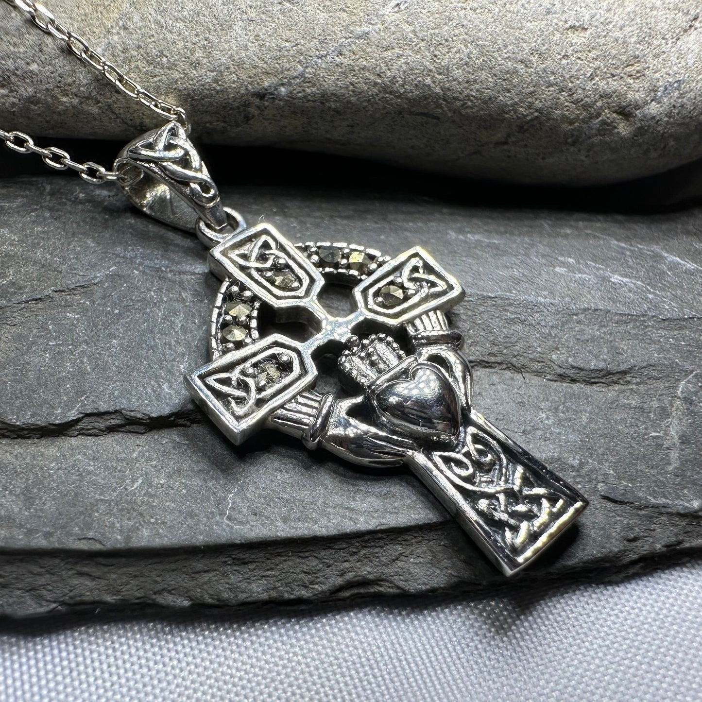 Marcasite Irish Claddagh Cross Necklace in Sterling Silver — view 11