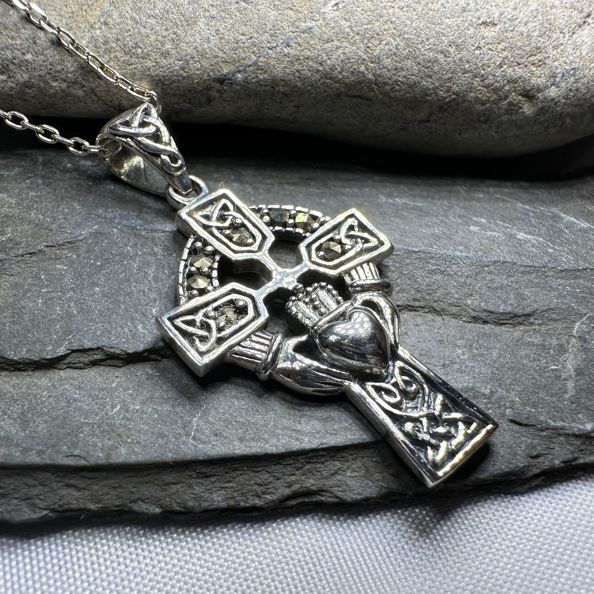 Marcasite Irish Claddagh Cross Necklace in Sterling Silver — view 11