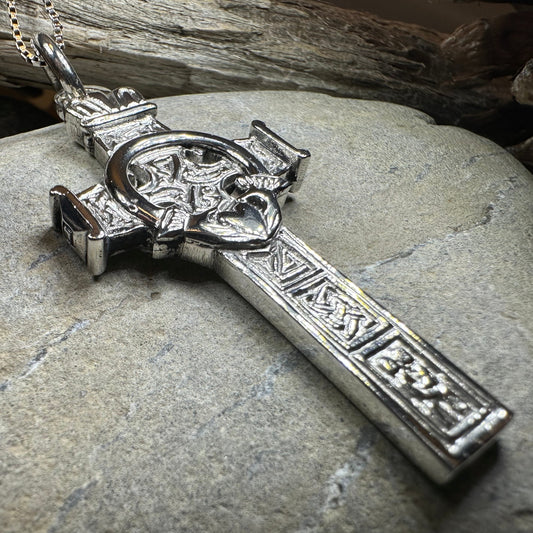 Large Artisan Irish Claddagh Cross Necklace - Made in Ireland