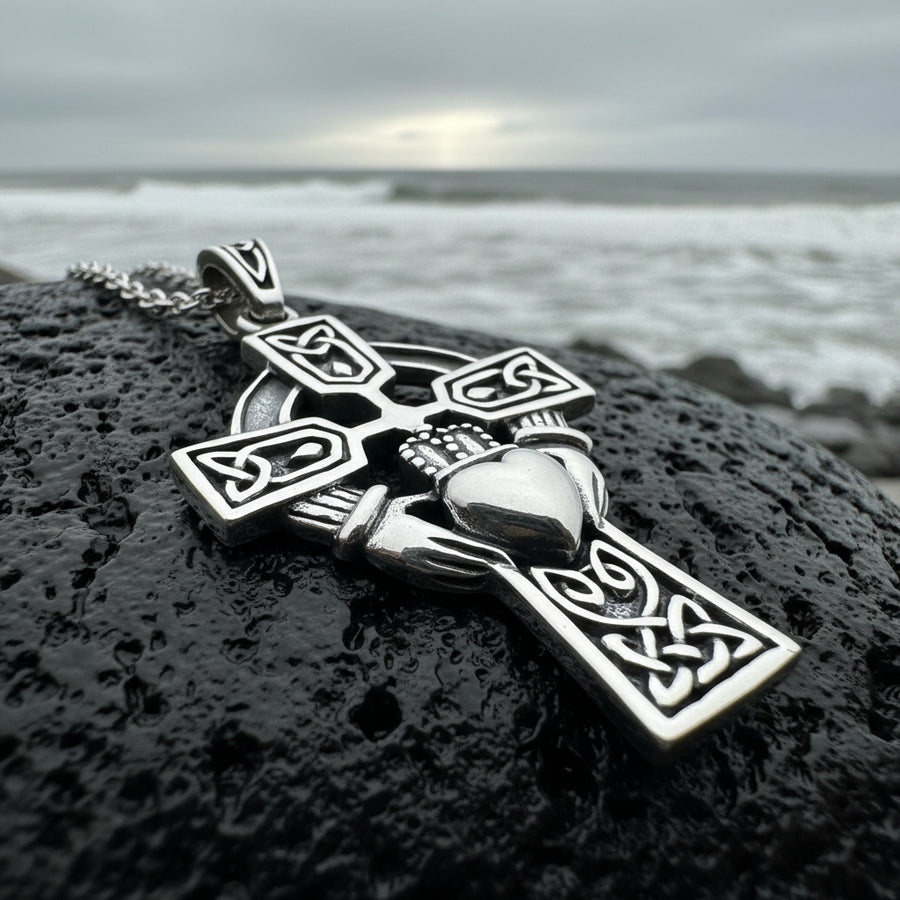 Galway Irish Claddagh Cross Necklace in Sterling Silver