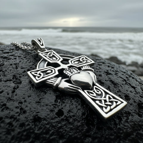 Load image into Gallery viewer, Galway Irish Claddagh Cross Necklace in Sterling Silver
