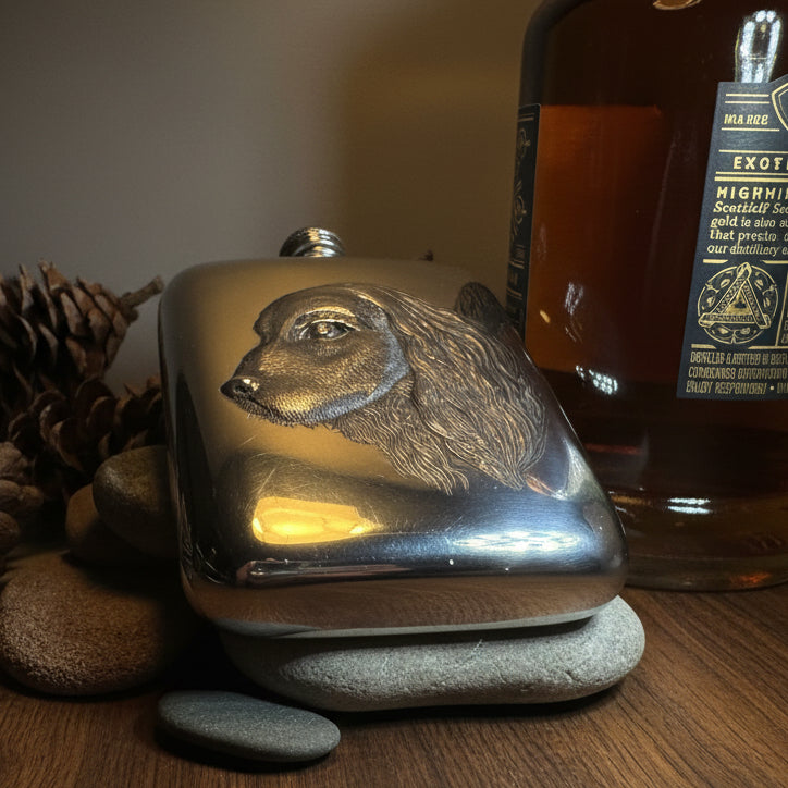 Faithful Friend Spaniel Pewter Hip Flask - Handmade in England
