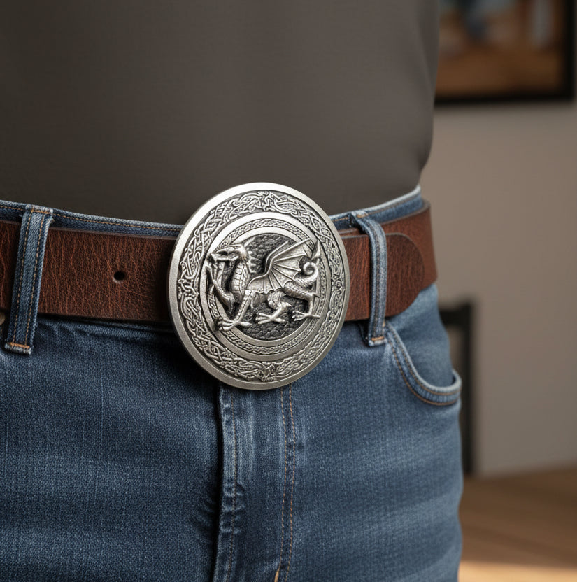 Round Celtic Welsh Dragon Kilt Belt Buckle - Handmade in Scotland
