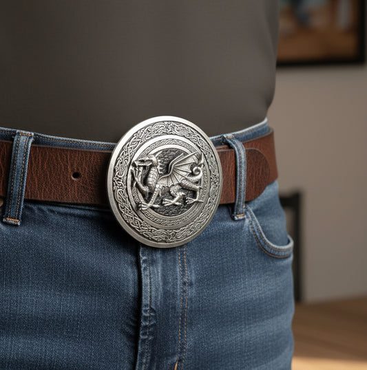 Round Celtic Welsh Dragon Kilt Belt Buckle - Handmade in Scotland