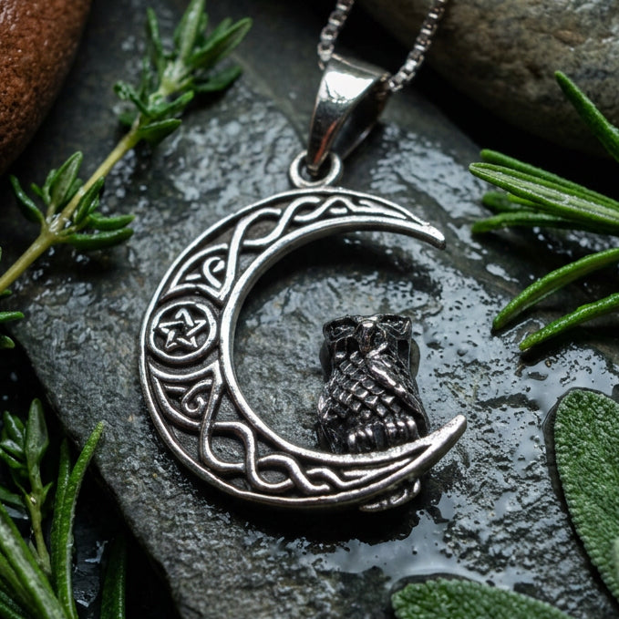 Eagna Mystical Owl Moon Necklace in Sterling Silver