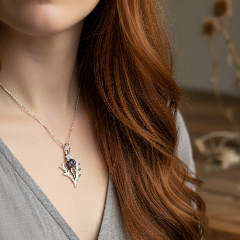 Petite Jacobite Scottish Thistle Amethyst Necklace in Sterling Silver
