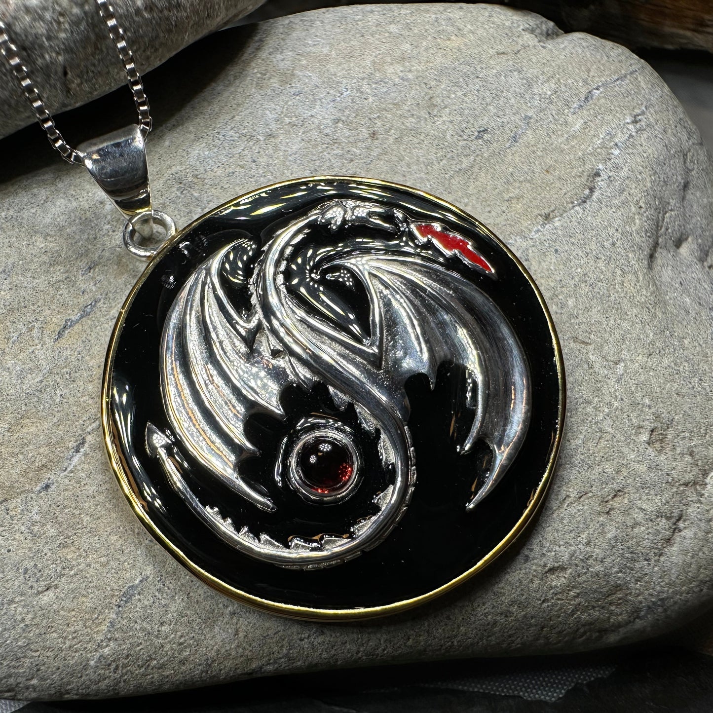 Dragon Yin Yang Garnet Necklace in Sterling Silver