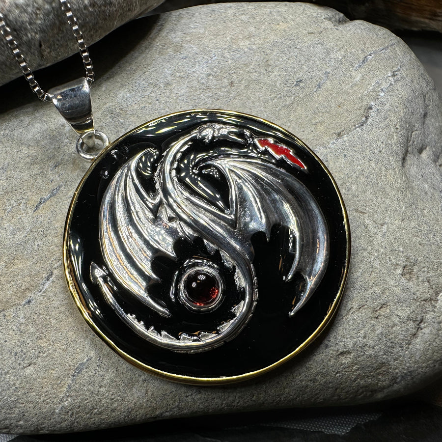 Dragon Yin Yang Garnet Necklace in Sterling Silver