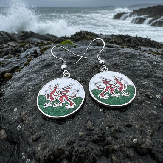 Bangor Welsh Dragon Enamel Earrings - Wales Gift