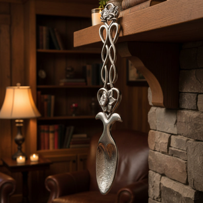 Large Traditional Welsh Daffodil & Dragon Love Spoon in Pewter