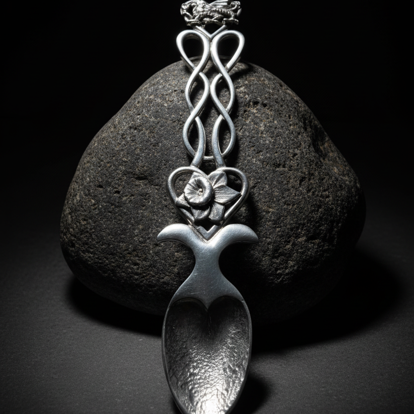 Large Traditional Welsh Daffodil & Dragon Love Spoon in Pewter