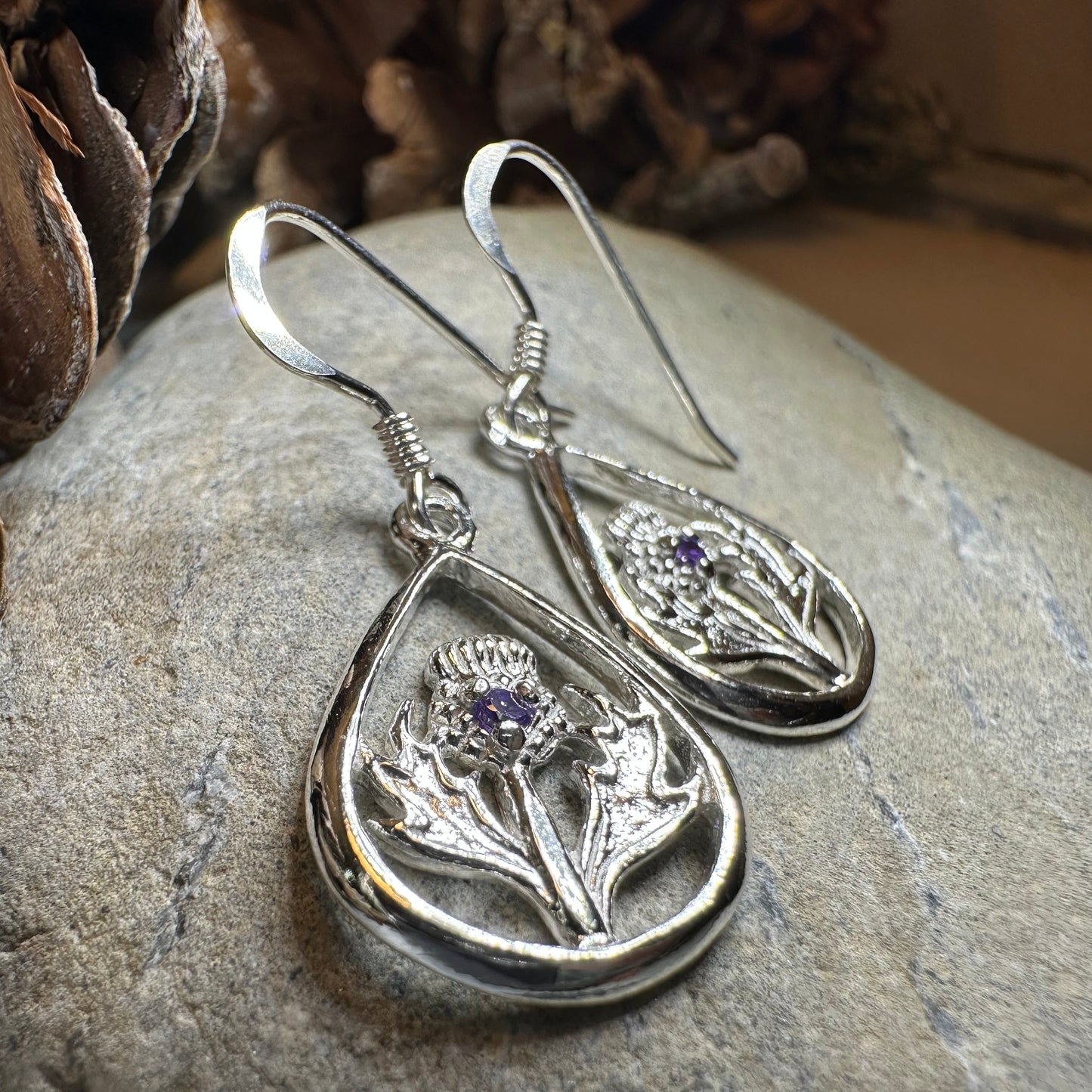Teardrop Scottish Thistle Amethyst Earrings - Perfect Gift — view 8