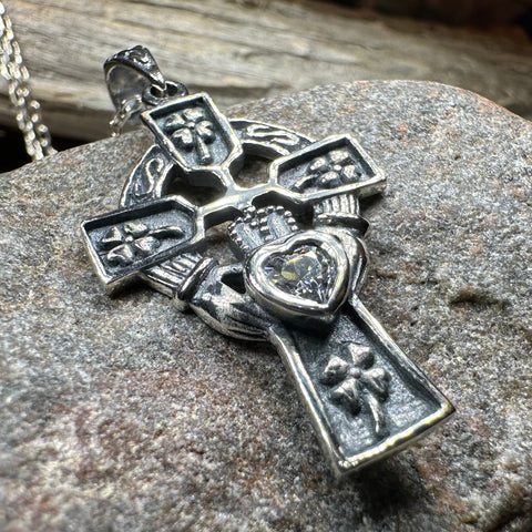 Load image into Gallery viewer, Irish Love Shamrock Claddagh Cross Necklace
