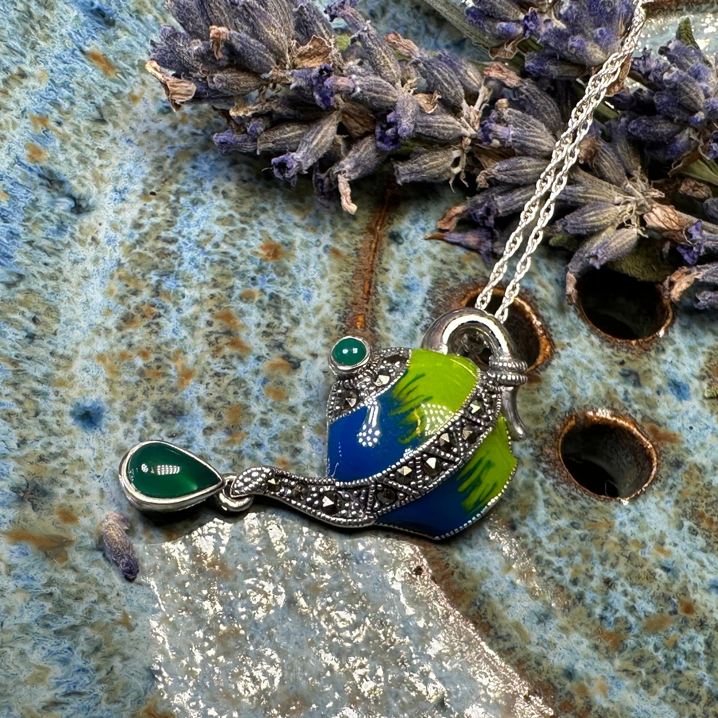 Spot of Tea Teapot Marcasite Necklace in Sterling Silver
