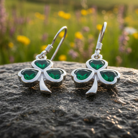 Load image into Gallery viewer, Sparkle Emerald Irish Shamrock Earrings in Sterling Silver
