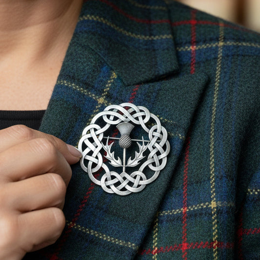 A silver-toned Celtic knot metal large brooch featuring a thistle motif, displayed on a light-colored stone with pinecones and a smooth river stone around it.