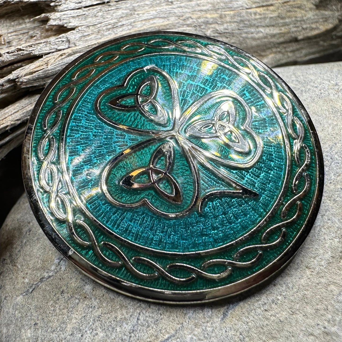 Enamel Celtic Shamrock Brooch with Trinity Knots — view 8