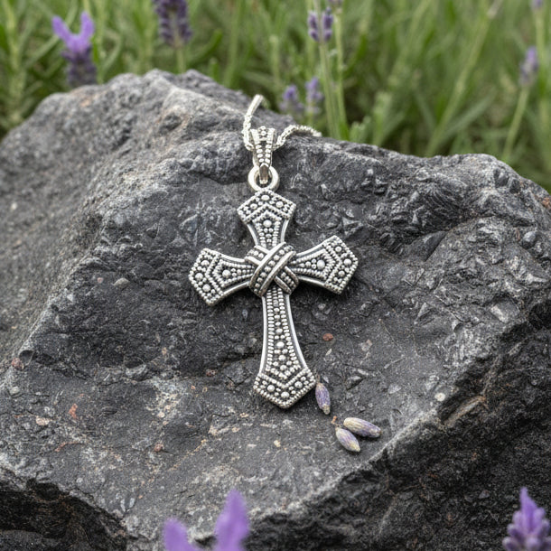 Lovely Marcasite Cross Necklace in Sterling Silver