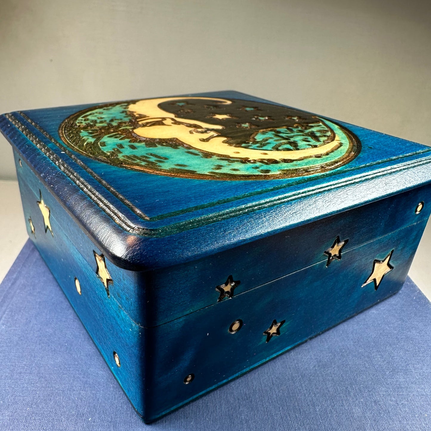 Midnight Blue Crescent Moon Keepsake Box - Handmade Wooden Box