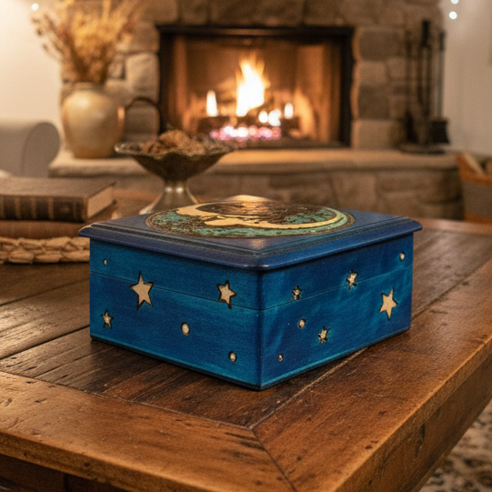 Midnight Blue Crescent Moon Keepsake Box - Handmade Wooden Box