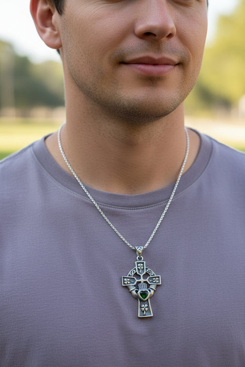 Load image into Gallery viewer, Irish Love Shamrock Claddagh Cross Necklace
