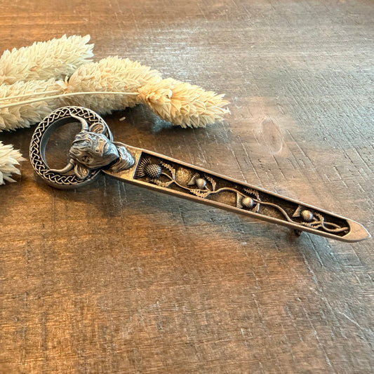 Celtic Highland Cow Thistle Kilt Pin - Handmade in Scotland
