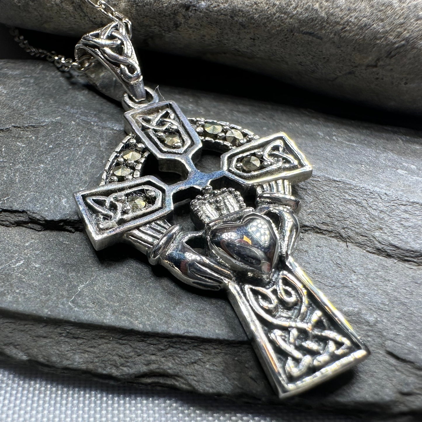 Marcasite Irish Claddagh Cross Necklace in Sterling Silver — view 3