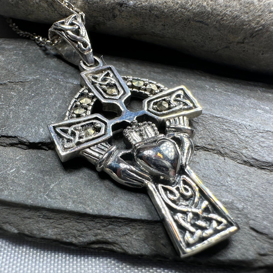 Marcasite Irish Claddagh Cross Necklace in Sterling Silver