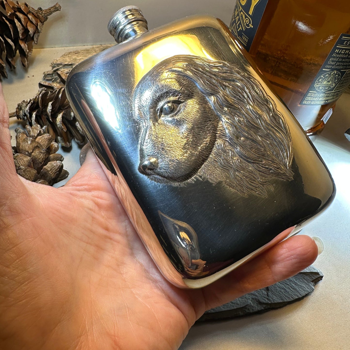 Faithful Friend Spaniel Pewter Hip Flask - Handmade in England