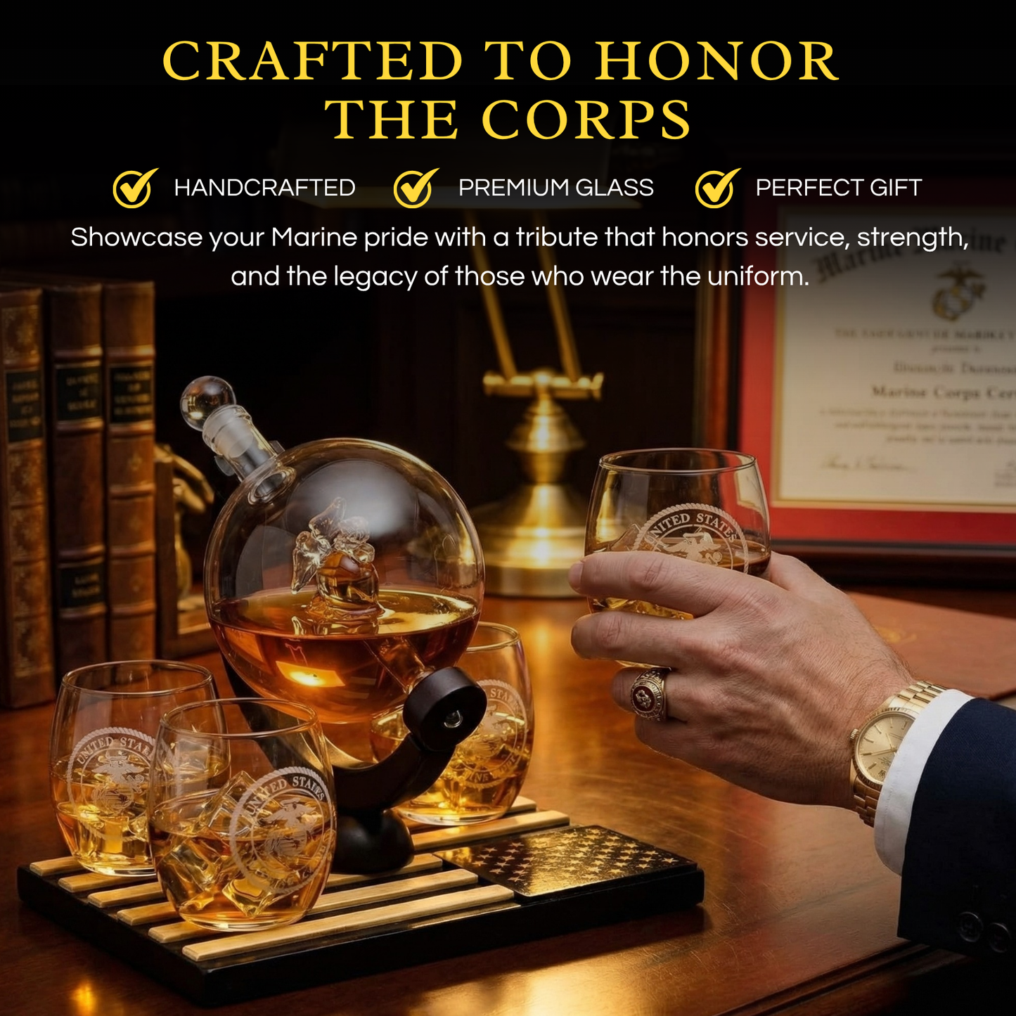 Marine Whiskey Decanter Set Premium Barware Gift with Four Glasses