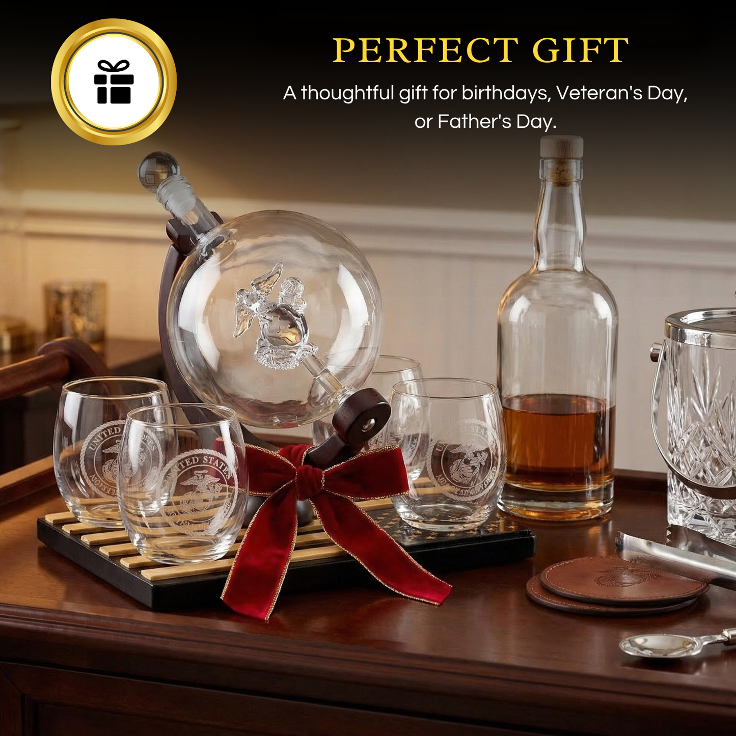 Marine Whiskey Decanter Set Premium Barware Gift with Four Glasses