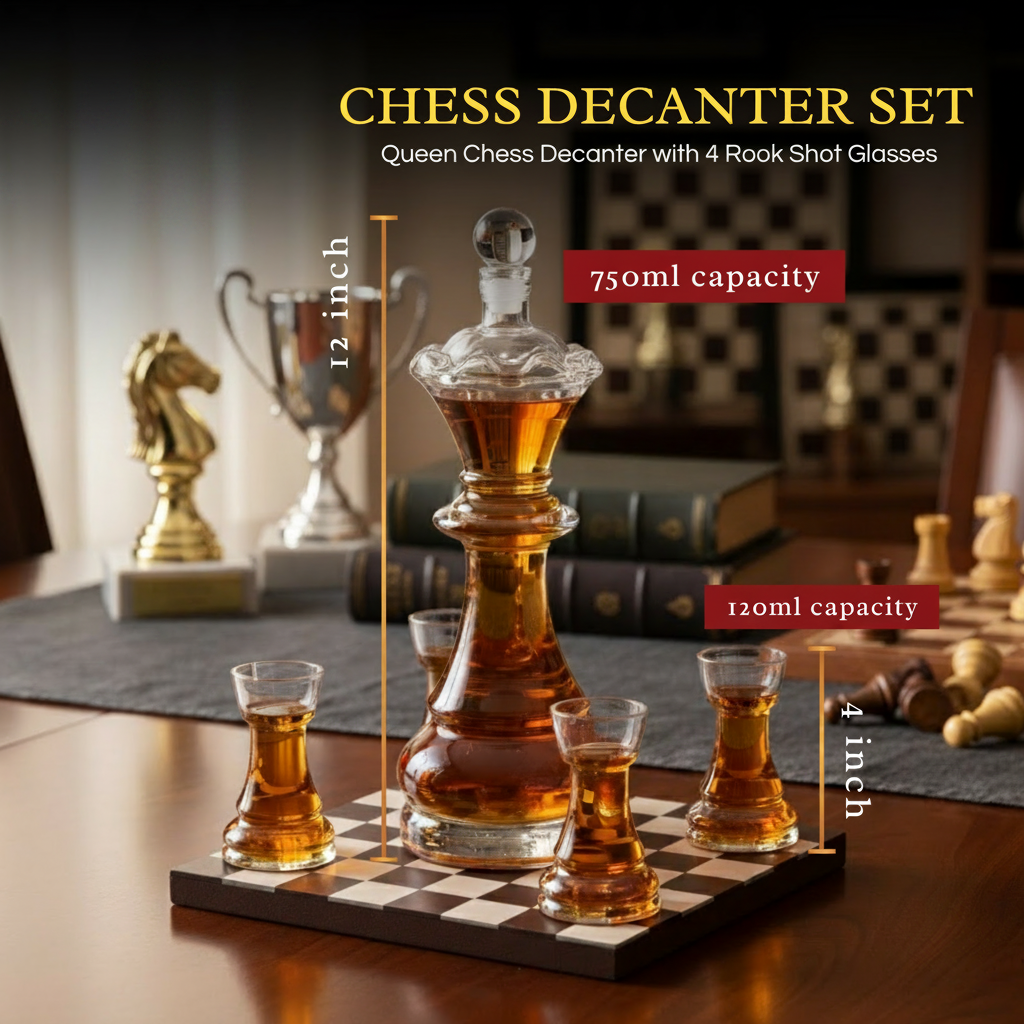 Chess Decanter Set with 2 Rook Shot Glasses