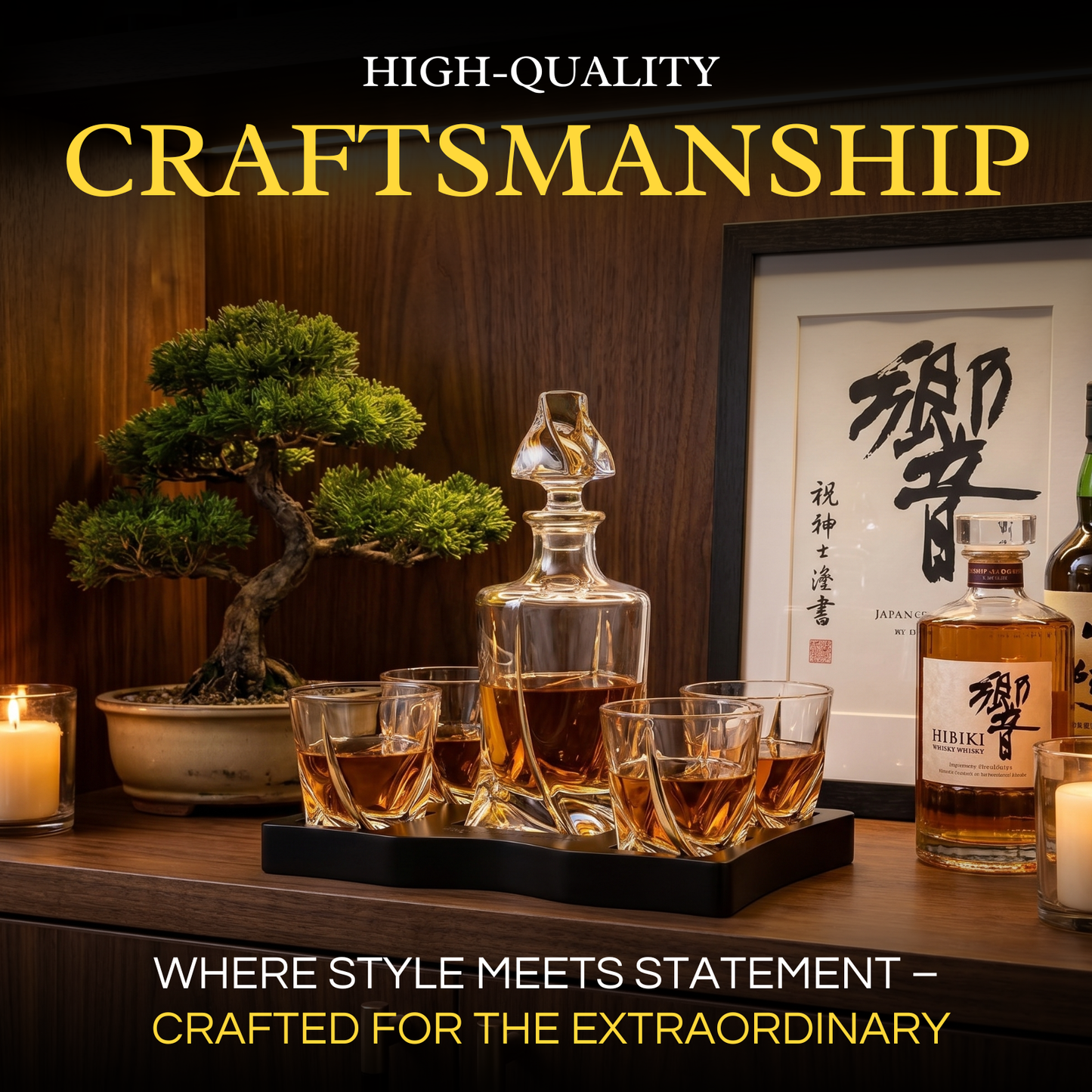 Ember Gilded Japanese Whisky Decanter Set with 4 Tumbler Glasses