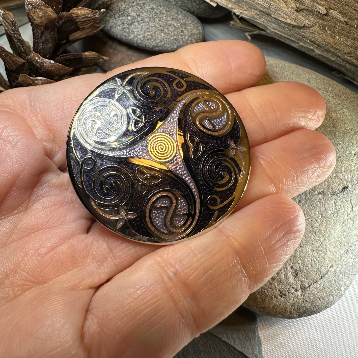 Round Enamel Triskele Knot Brooch — view 5