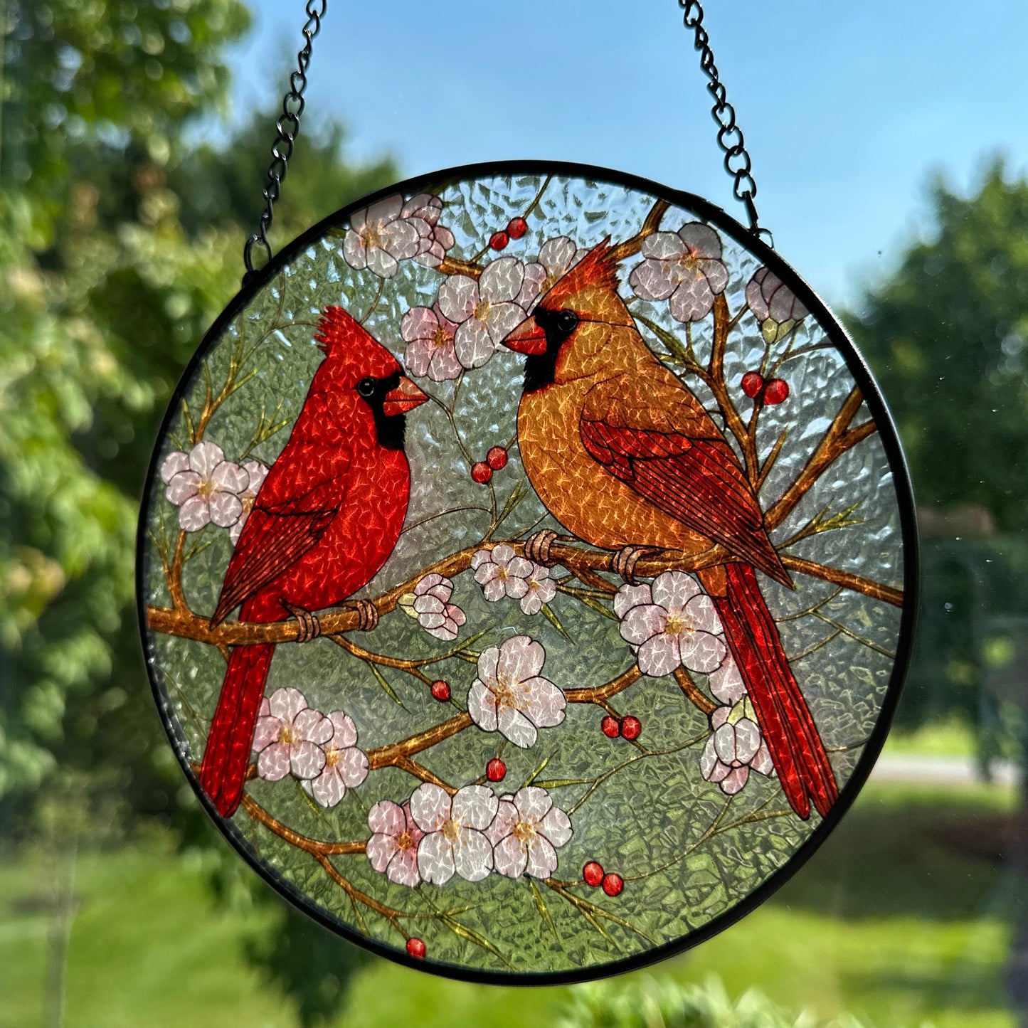 Cherry Blossom Cardinal Couple Suncatcher