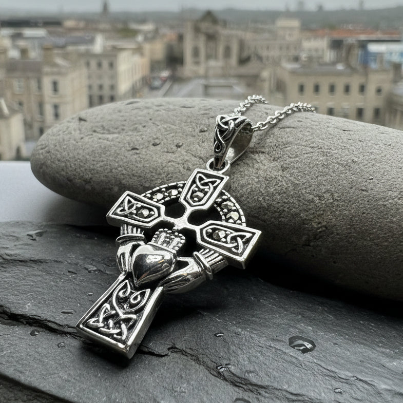Marcasite Irish Claddagh Cross Necklace in Sterling Silver — view 9