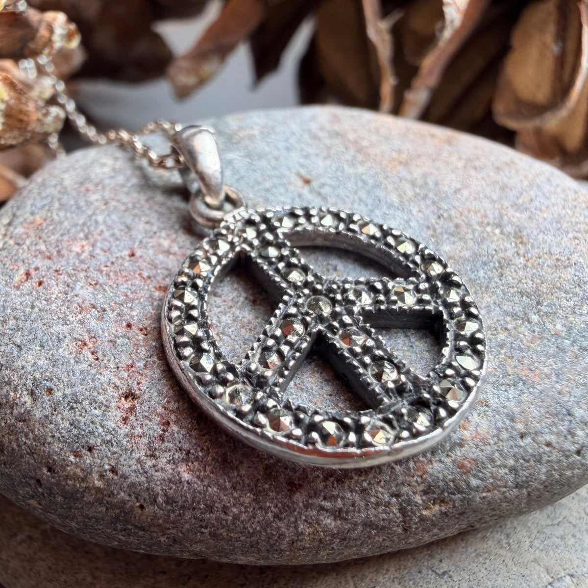Marcasite Peace Sign Necklace in Sterling Silver