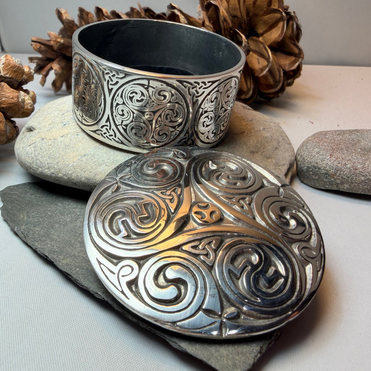 Round Celtic Triple Spiral Trinket Box  Handmade in Pewter