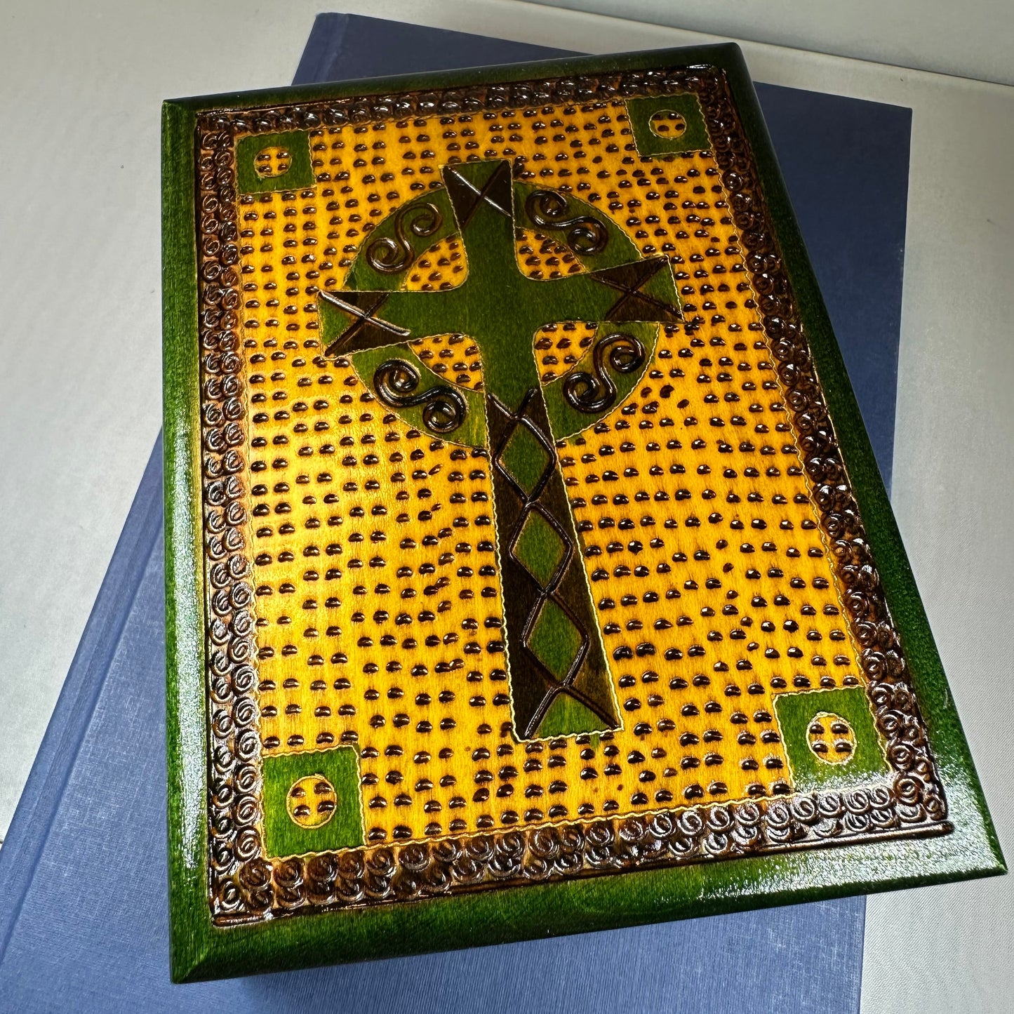 Green Celtic Cross Keepsake Box - Handmade Wooden Box