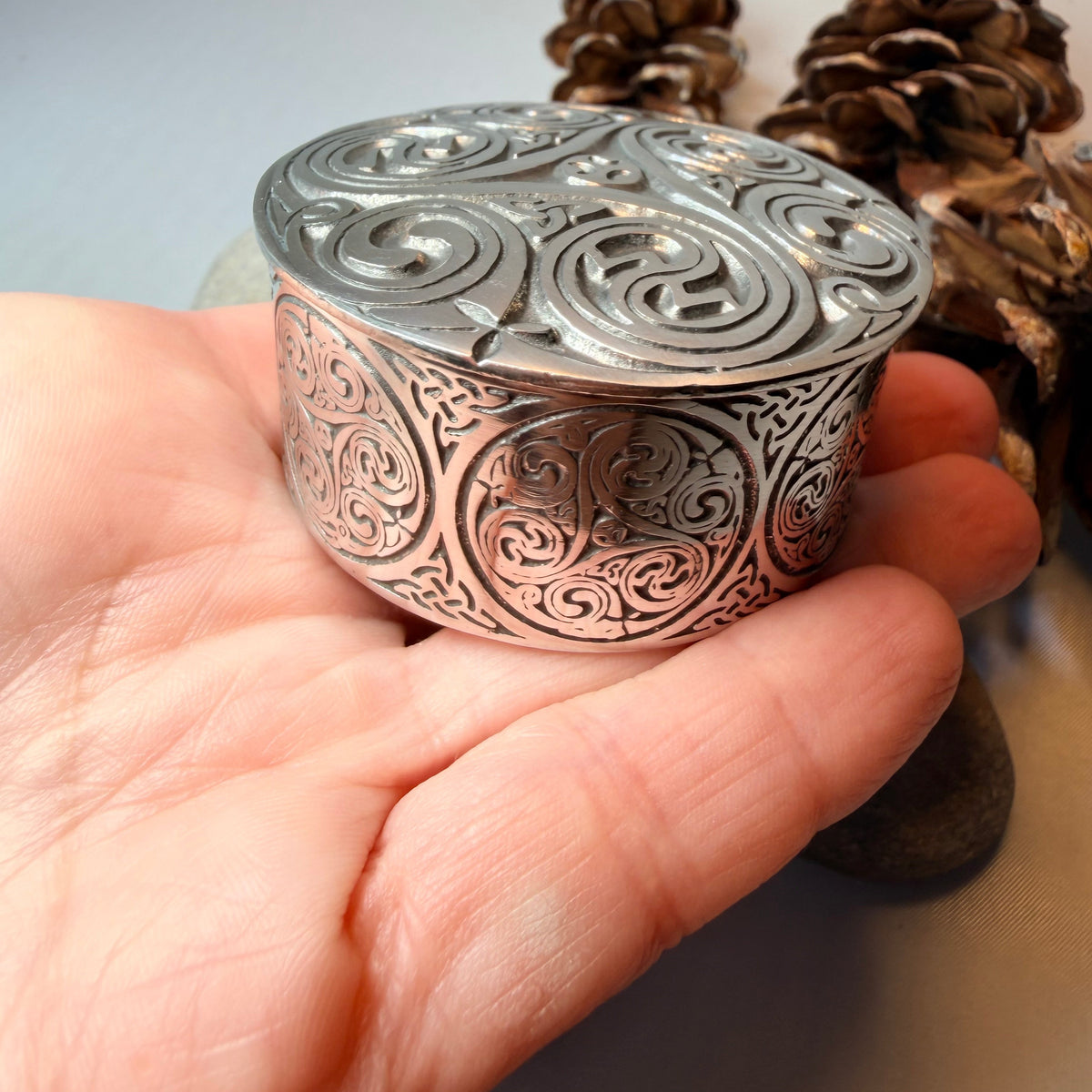 Round Celtic Triple Spiral Trinket Box  Handmade in Pewter