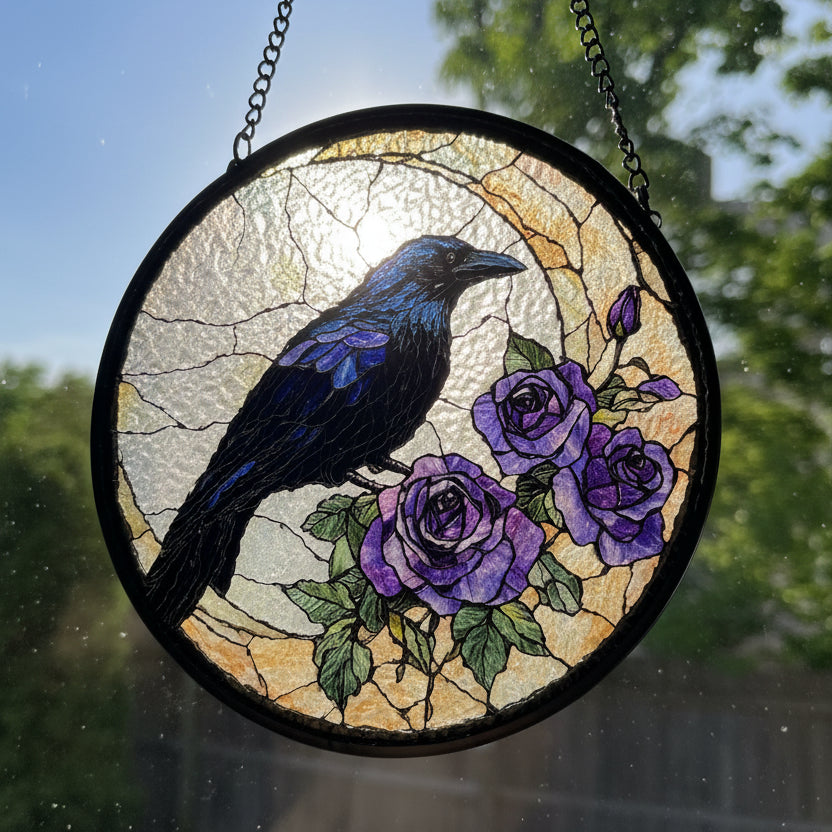 Purple Roses Moon Raven Suncatcher