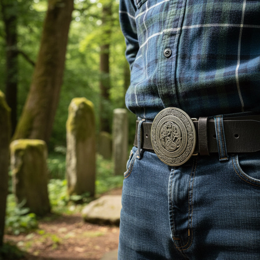 Round Celtic Hounds Kilt Belt Buckle - Handmade in Scotland