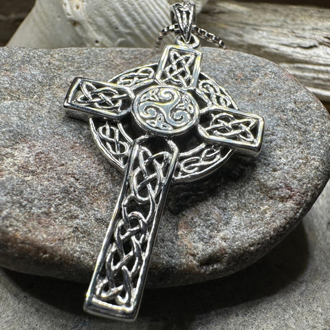 Load image into Gallery viewer, Aileran Triskele Celtic Cross Necklace in Sterling Silver
