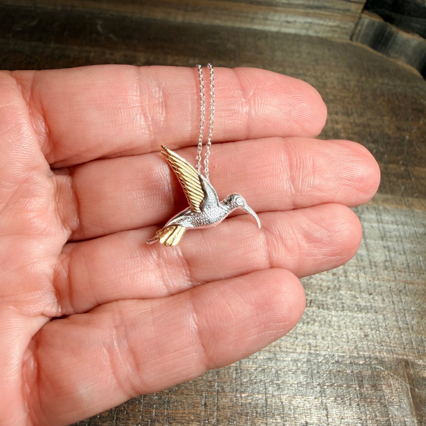 Golden Wing Hummingbird Necklace in Sterling Silver