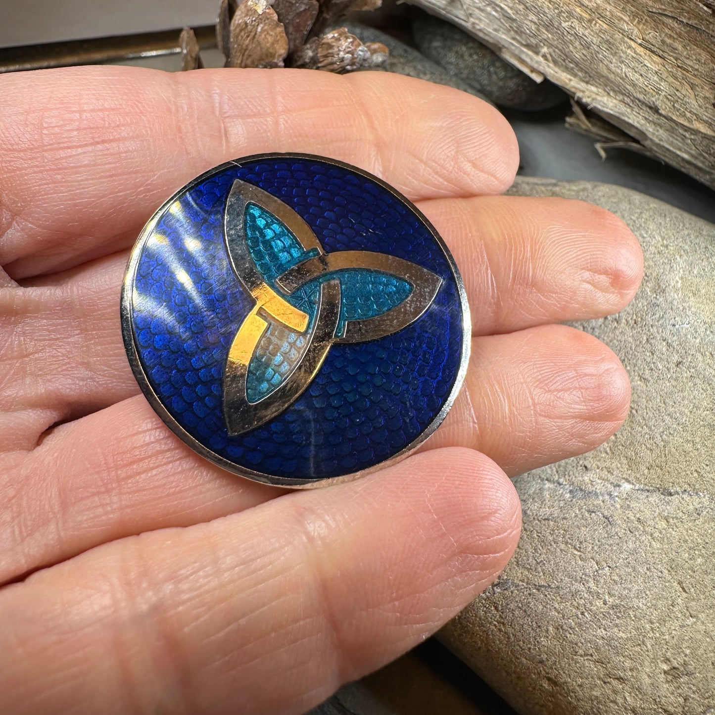 Blue Enamel Celtic Trinity Knot Brooch — view 3