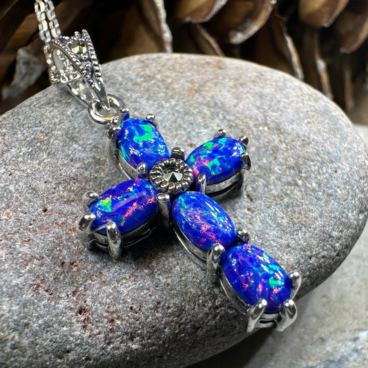 Rhosyn Opal Cross Necklace in Sterling Silver — view 12