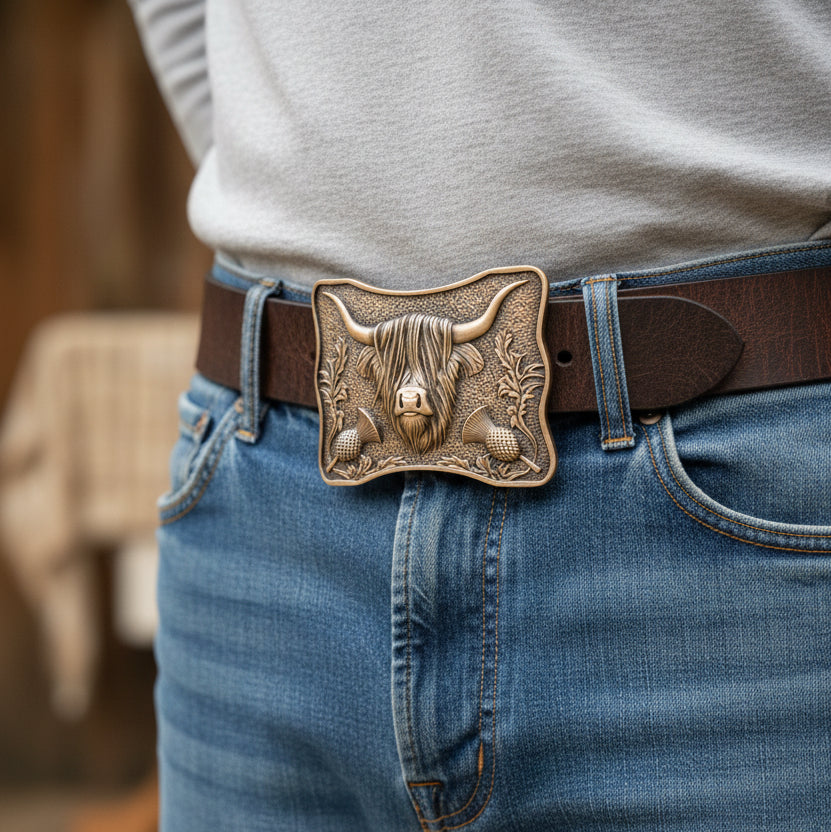 Thistle & Highland Cow Kilt Belt Buckle - Handmade in Scotland